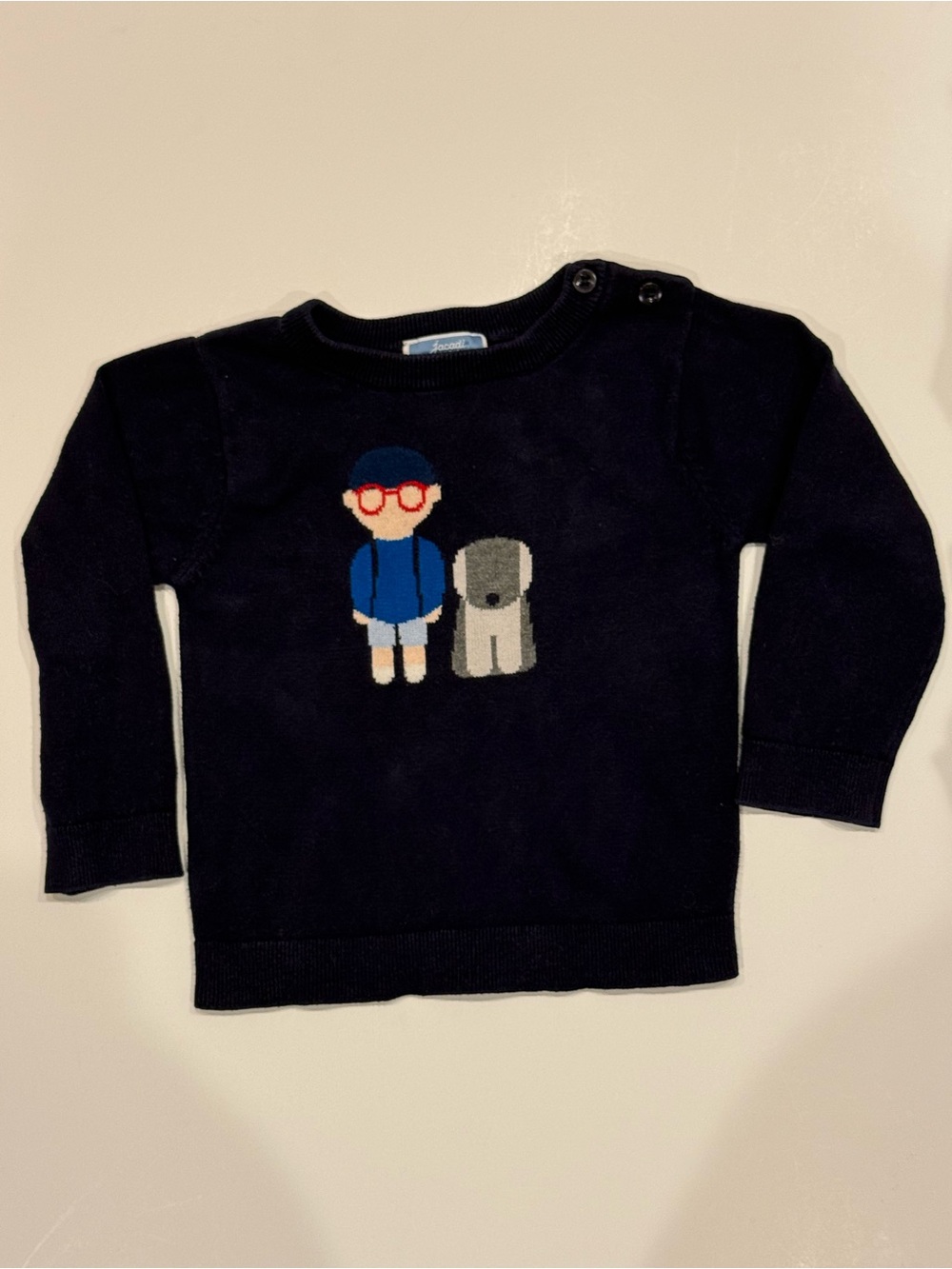 Jacadi Paris 24M Navy Cotton Sweater Boy & Dog Intarsia Knit Pullover 2T